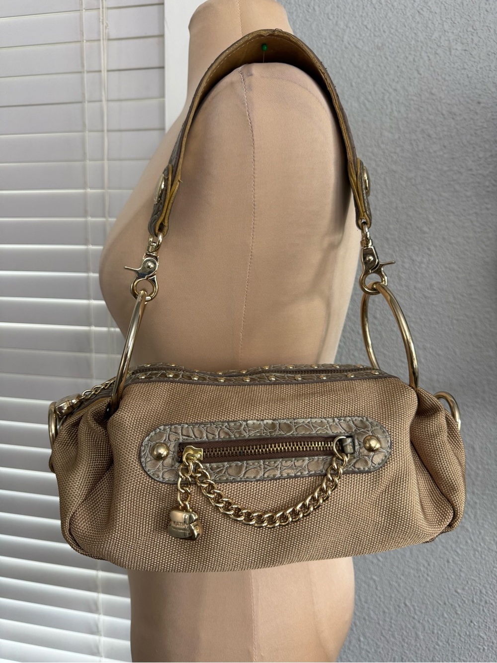 Kathy Van Zeeland Canvas & Faux Croc leather Y2K Shoulder Bag